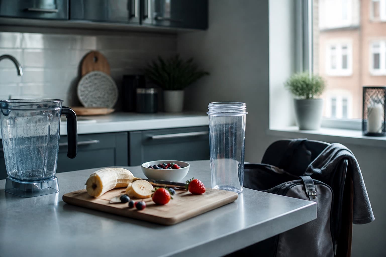 Kitchen counter with fruit, an unused jug blender and a gym bag — midweek rush mood