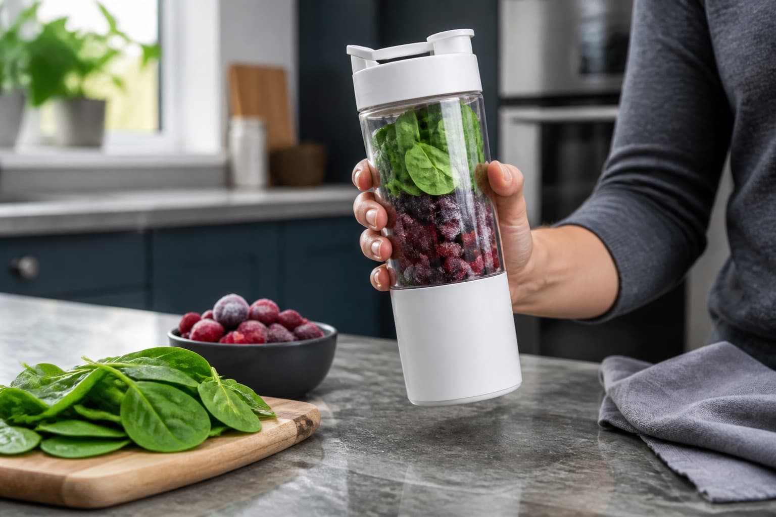 Hand holding a generic white cordless blender cup beside fruit on a kitchen counter