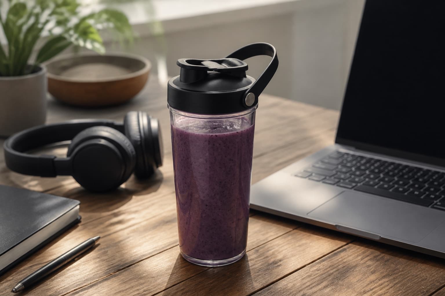 Berry smoothie in a travel cup with sip lid on a desk beside a laptop